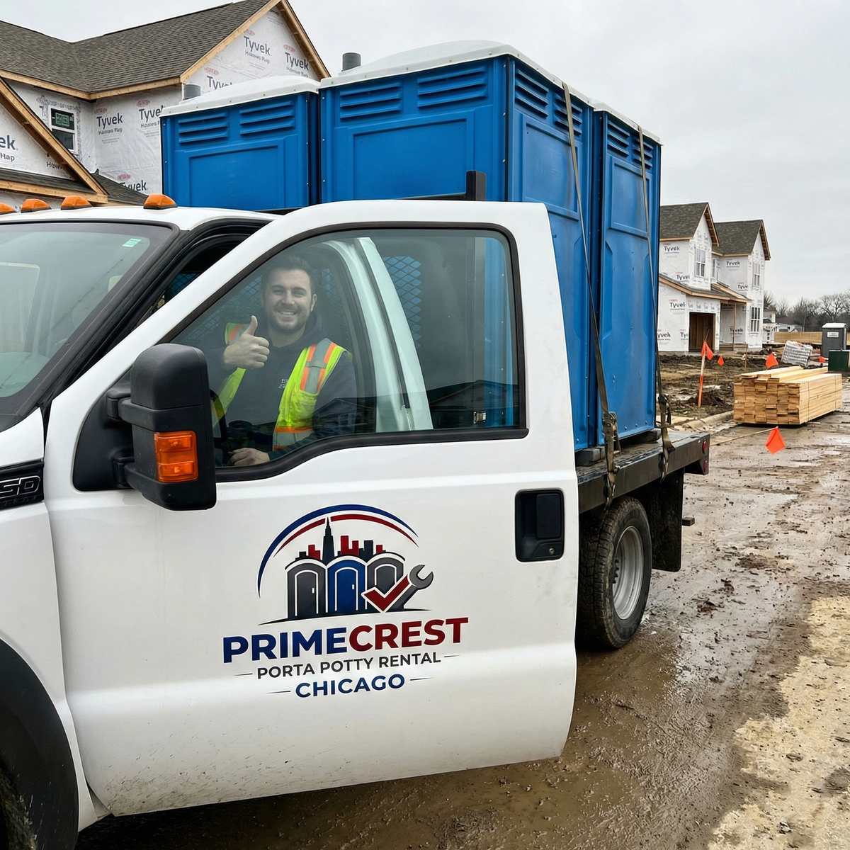 Primecrest porta potty delivery truck at residential construction site