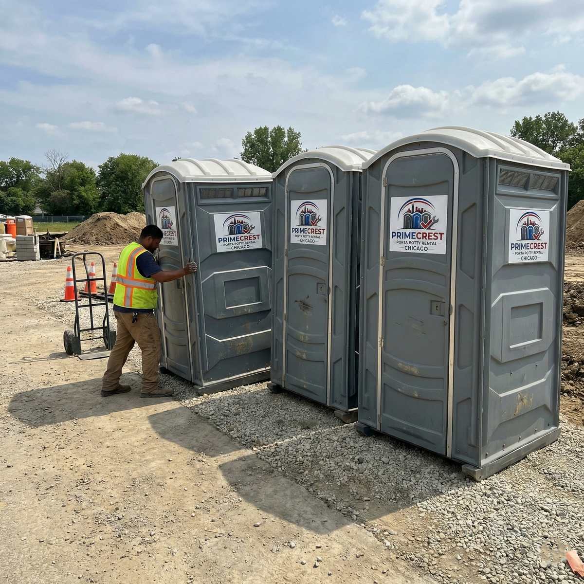 Standard portable toilet units at construction site