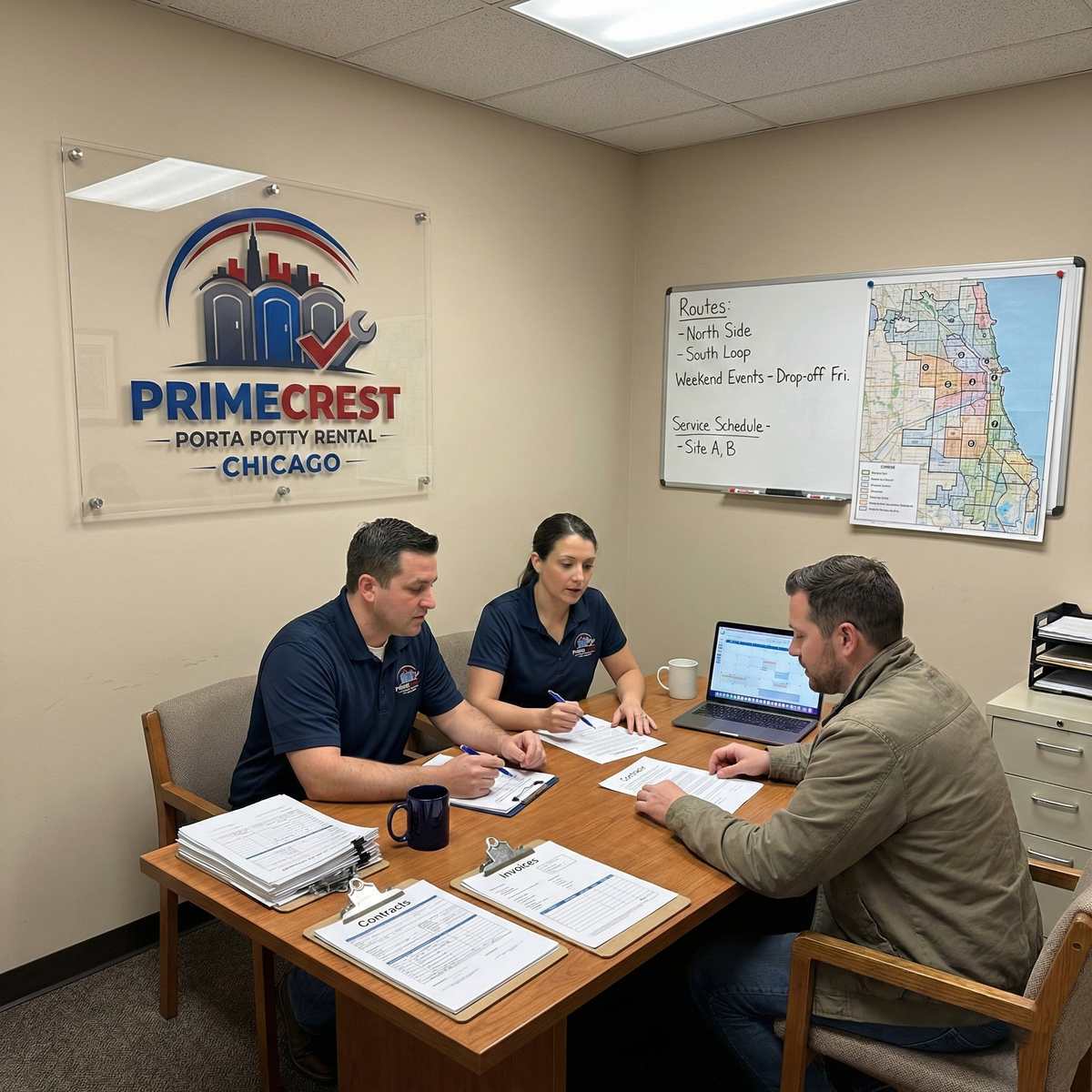 Team planning delivery routes in office